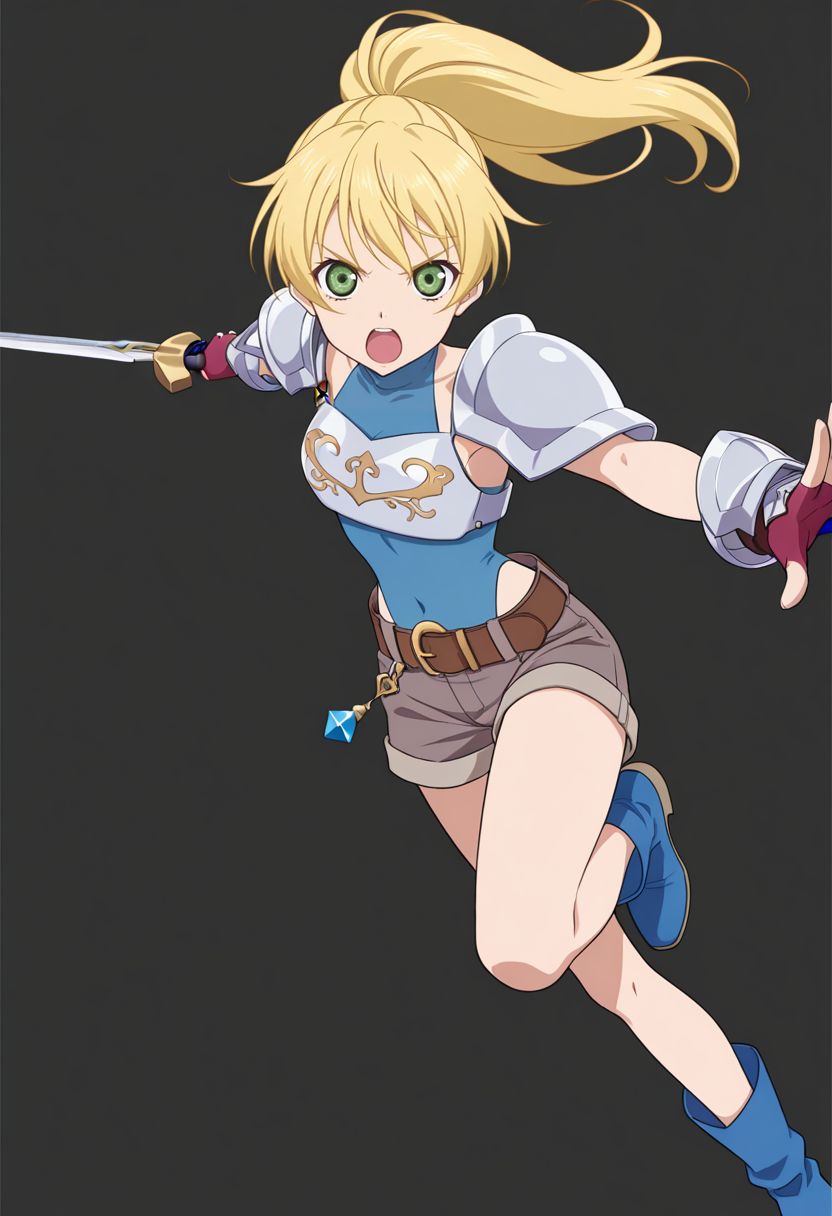 A young woman with blonde hair tied in a high ponytail and green eyes mid-action swinging her sword. She is wearing a blue and white armored outfit with brown shorts and blue boots. She wields a large sword in her right hand, which is extended behind her. 